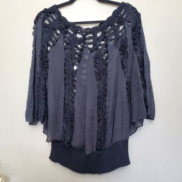 Umgee Peasant Top Womens Size S/M Black Crochet Cut Out Peasant Goth Darkwear - Picture 2 of 10